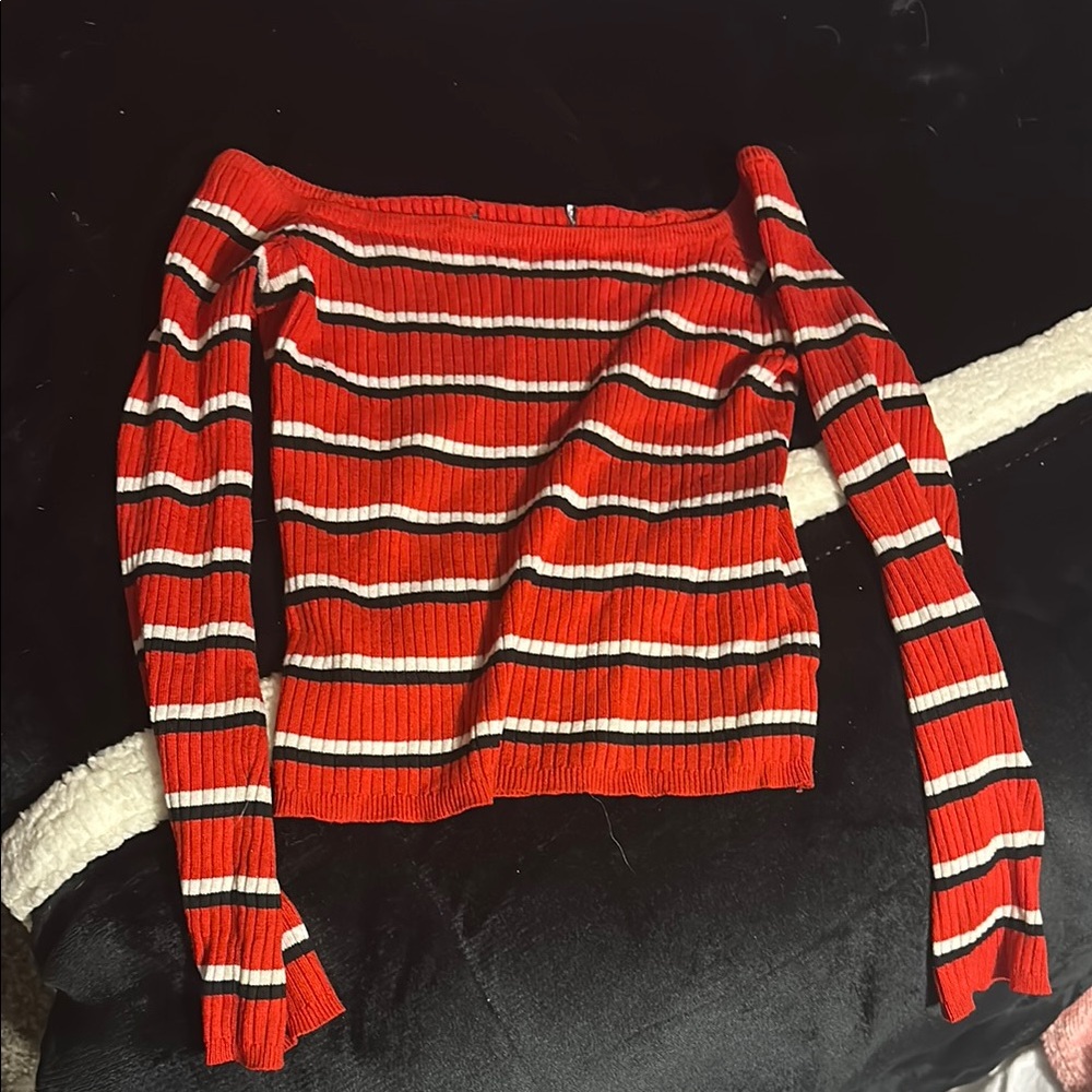 Kendall & Kylie Red and White Striped Off-Shoulder Top